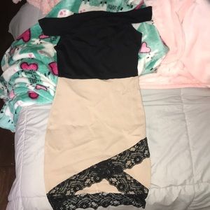 creme /light pink and black dress off the shoulder